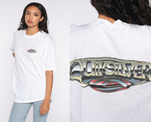 90s Quiksilver Logo T-Shirt White Graphic Surf Tee Large L
