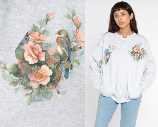 90s Floral Bird Cardigan Sweatshirt Light Grey Button-Up Large