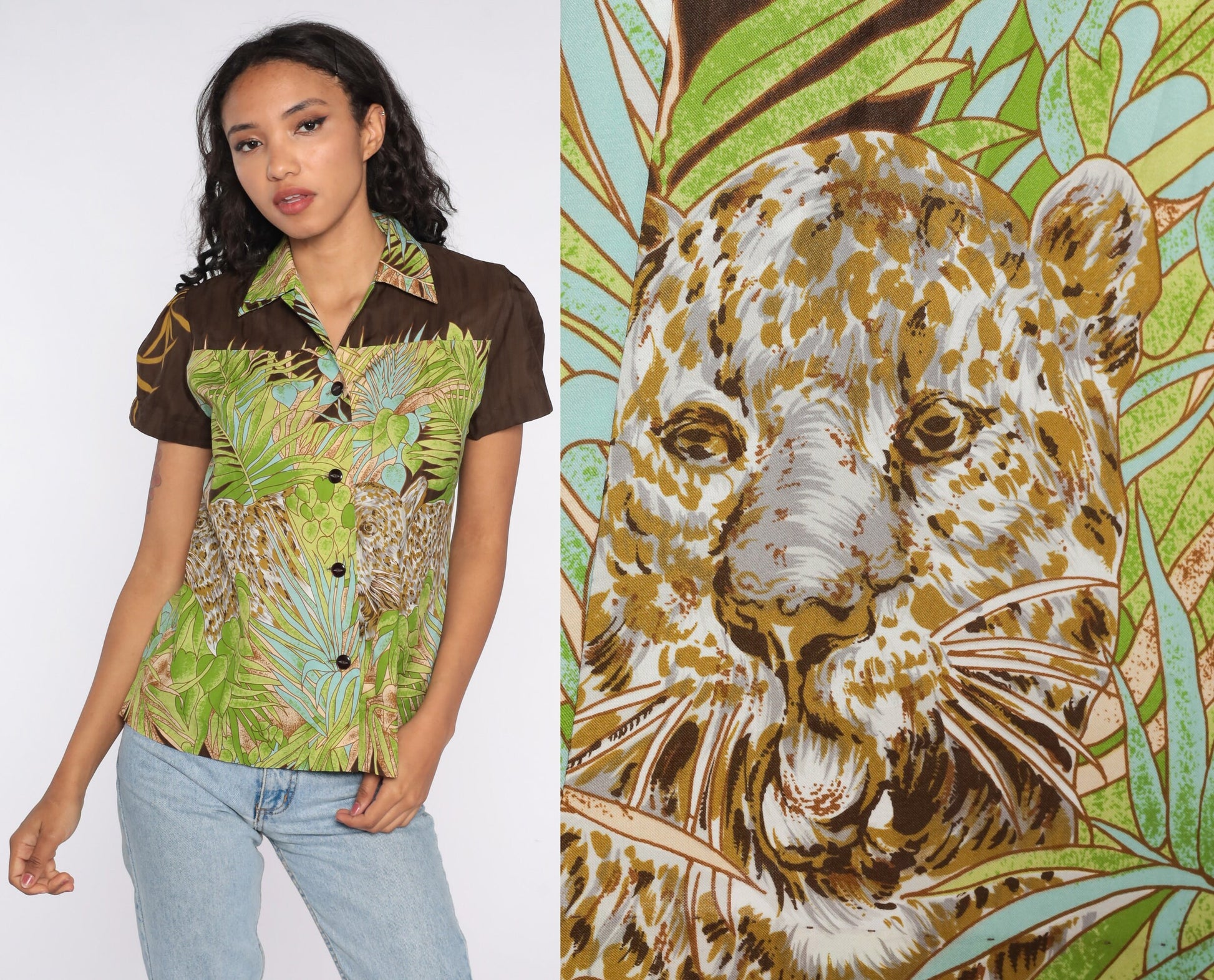 70s Leopard Print Button Up Shirt Puff Sleeve Tropical Blouse Brown Small