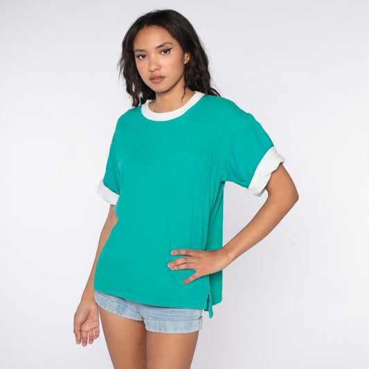 80s Green Cotton T-Shirt Pocket Chest Cuffed Sleeves Medium