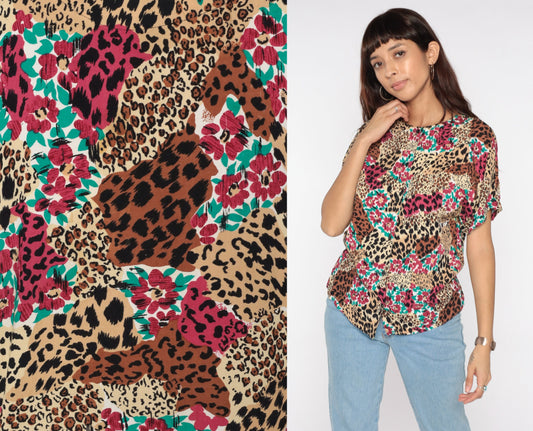90s Leopard Floral Print Button-Up Blouse Short Sleeve Medium