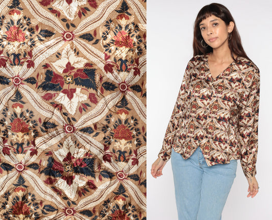 90s Geometric Floral Button Up Blouse Tan Long Sleeve Large