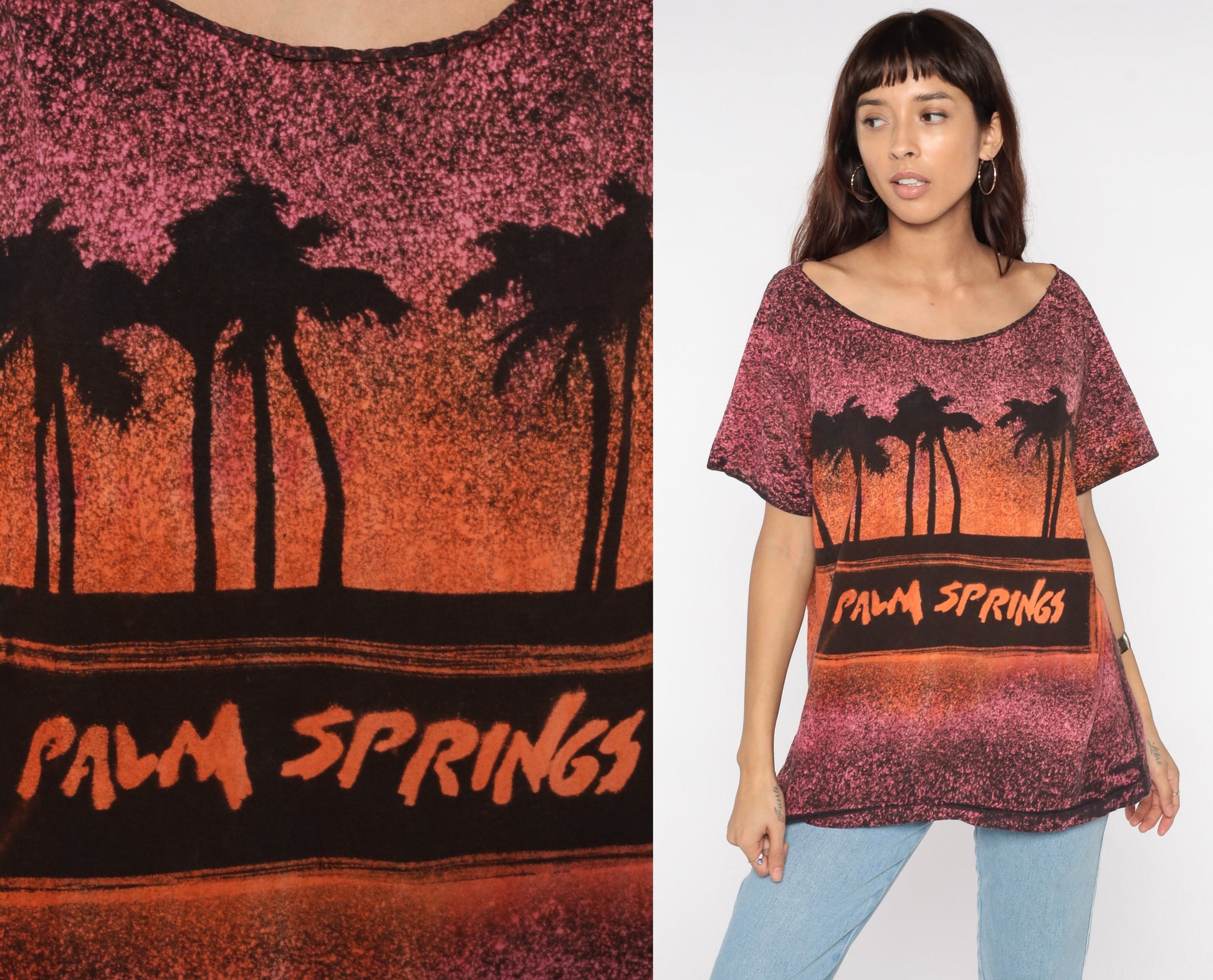90s Palm Springs California Sunset Graphic T-Shirt Orange Pink Large