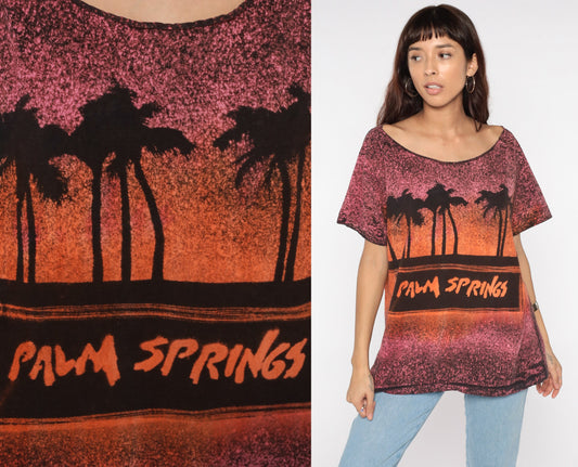 90s Palm Springs California Sunset Graphic T-Shirt Orange Pink Large
