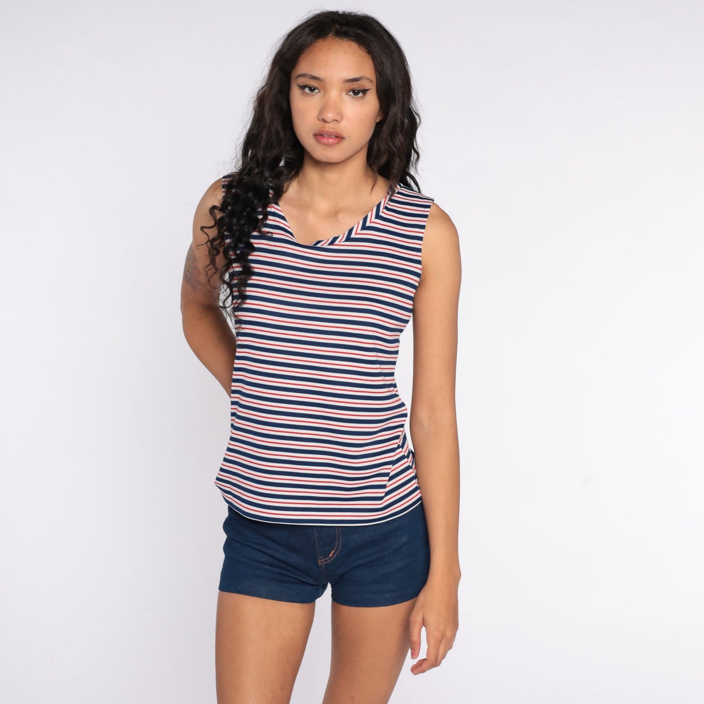 70s Striped Tank Top Red White Blue Sleeveless Shirt Medium
