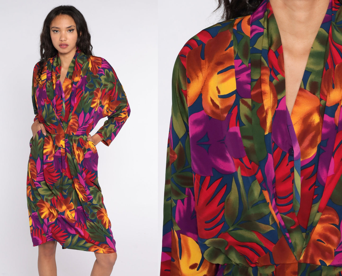 90s Tropical Floral Midi Dress Dolman Sleeve Purple High Waist Large 14