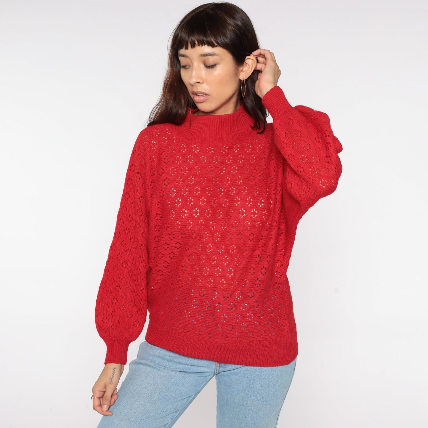 80s Red Crochet Sweater Dolman Sleeve Mock Neck Sheer Knit Medium