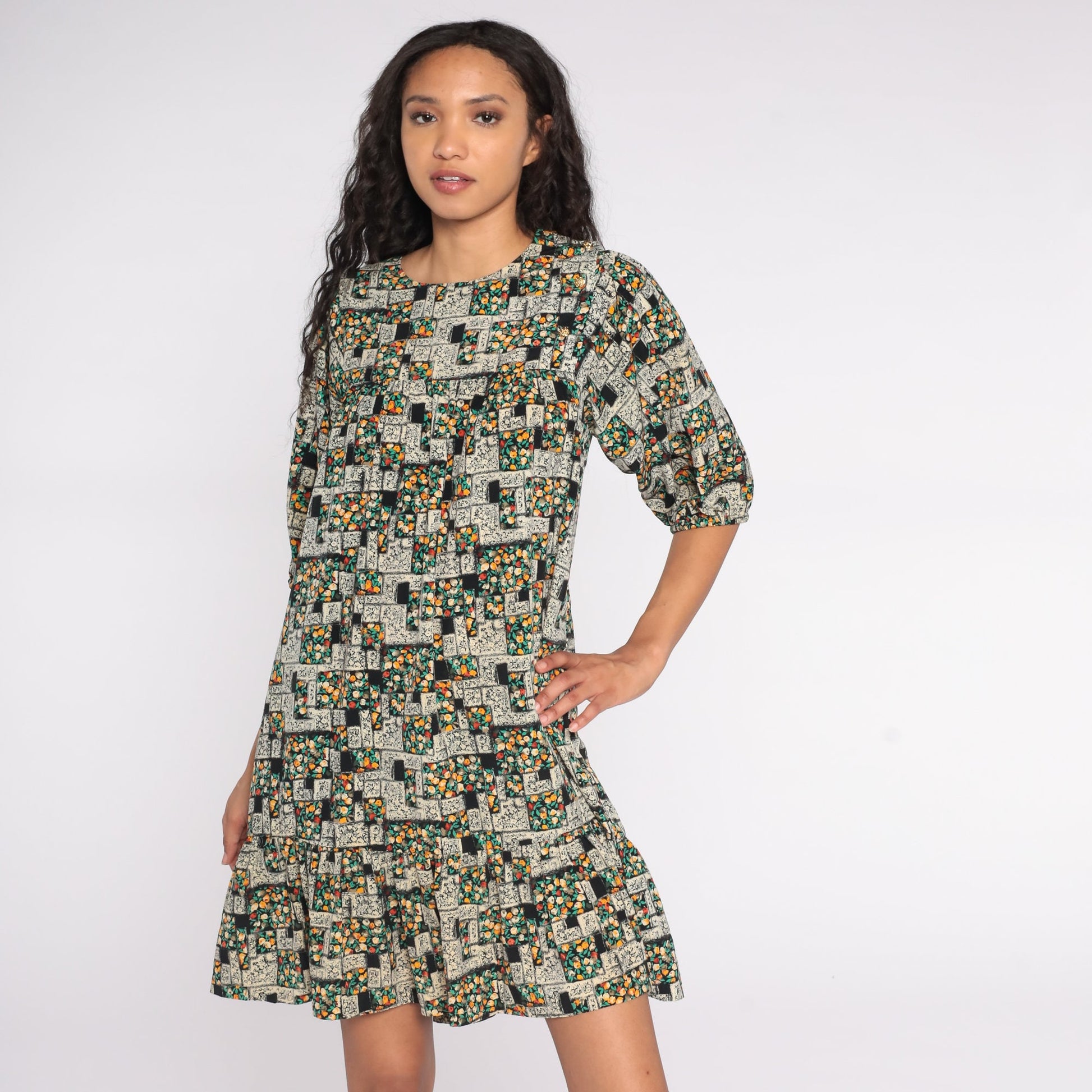 80s Floral Mini Dress Tent Cut Puff Sleeve Black Green Small S