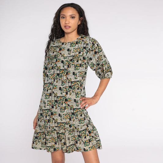 80s Floral Mini Dress Tent Cut Puff Sleeve Black Green Small S