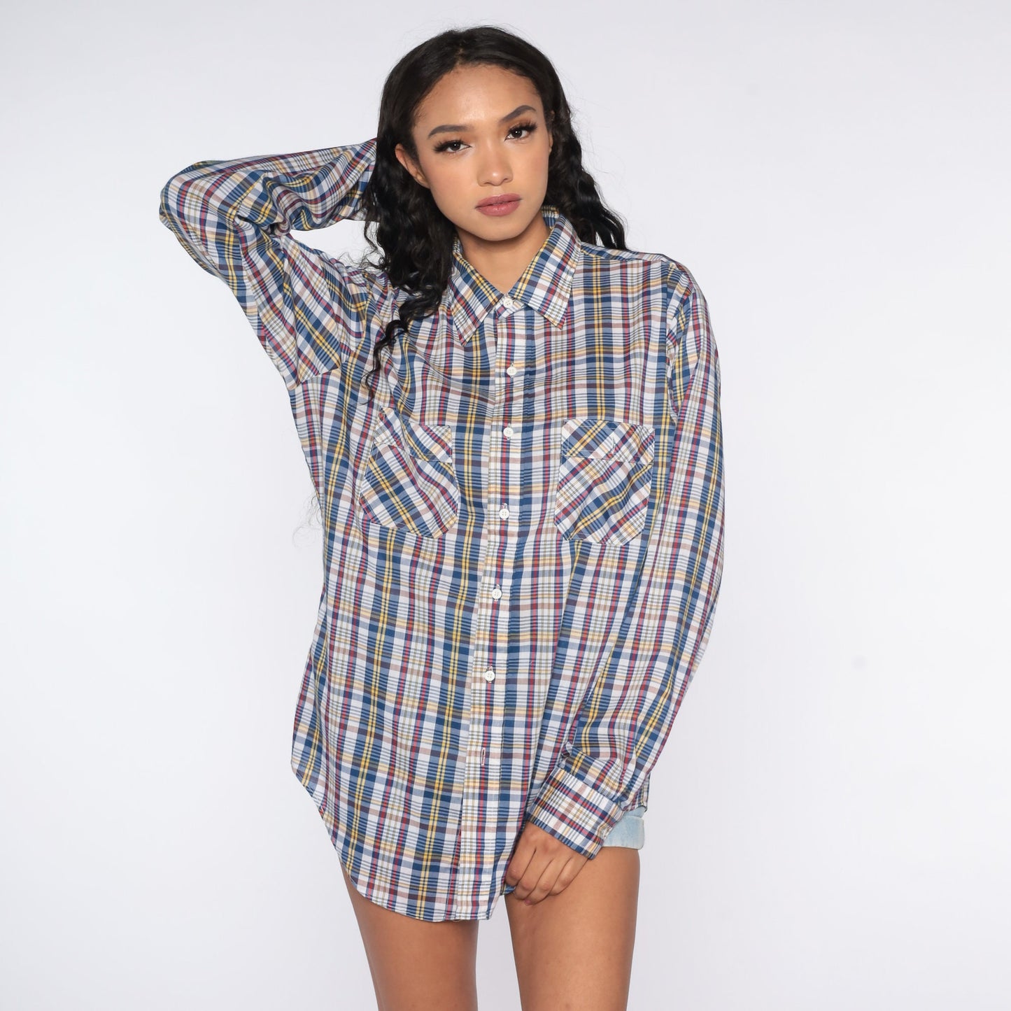 80s Blue Red Plaid Button-Up Shirt Cotton Checkered Oxford Large