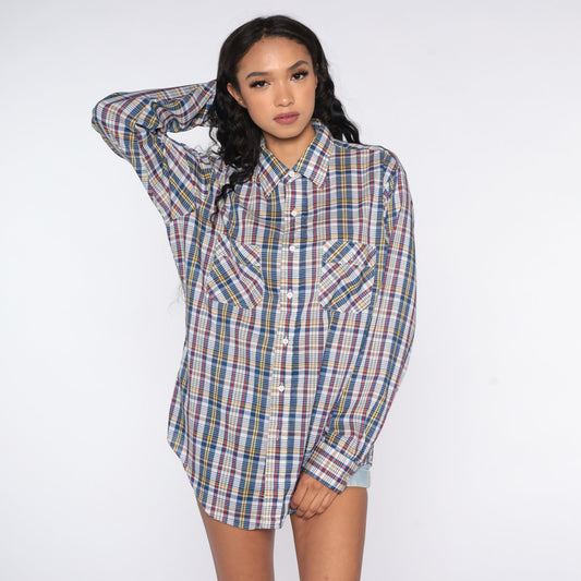 80s Blue Red Plaid Button-Up Shirt Cotton Checkered Oxford Large