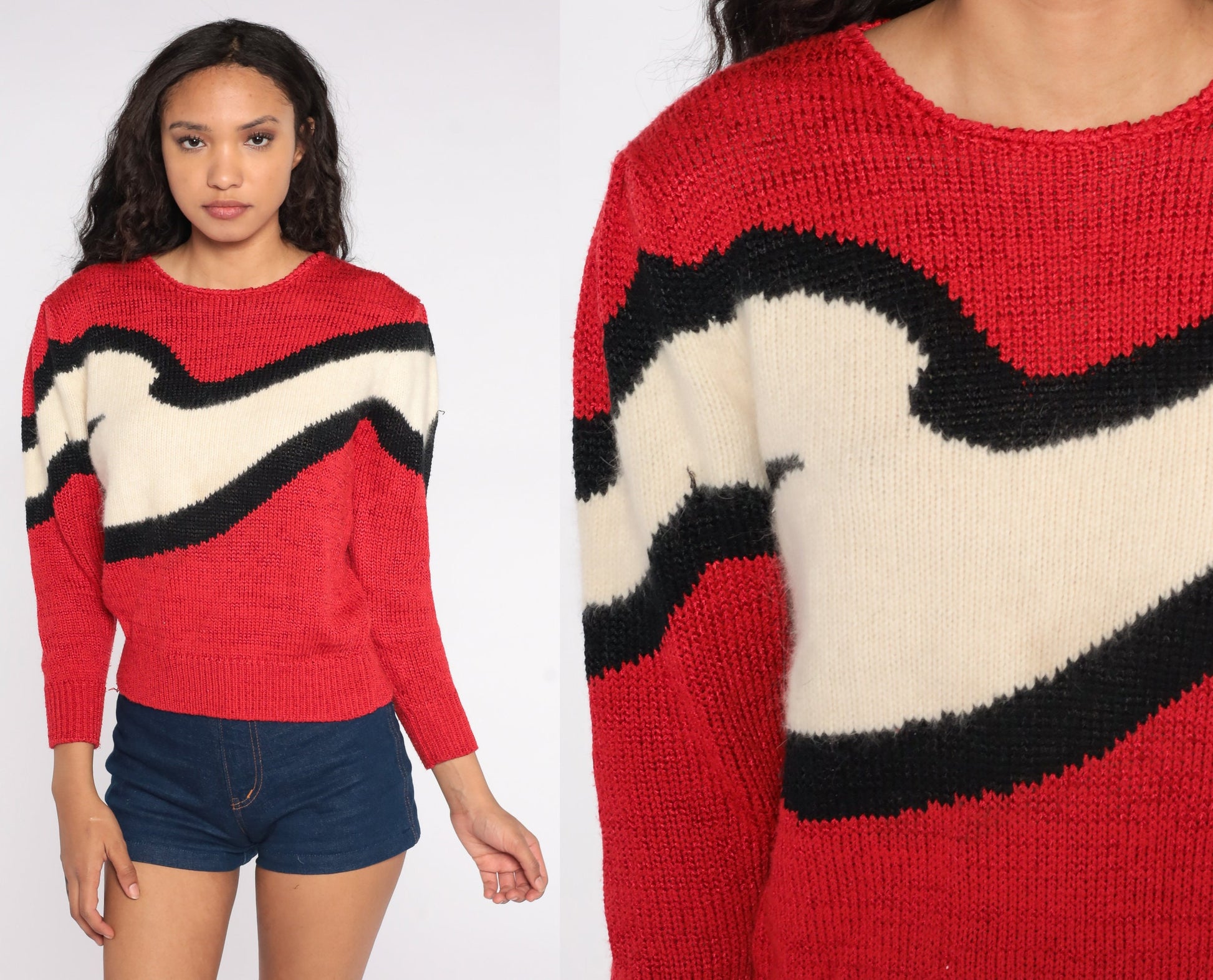 80s Puff Sleeve Sweater Red Cream Stripe Angora Wool Blend Knit Small