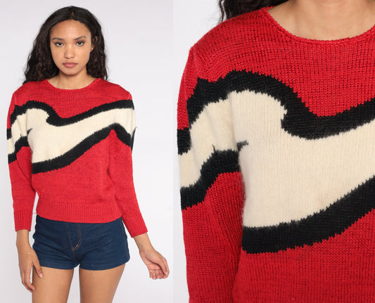 80s Puff Sleeve Sweater Red Cream Stripe Angora Wool Blend Knit Small
