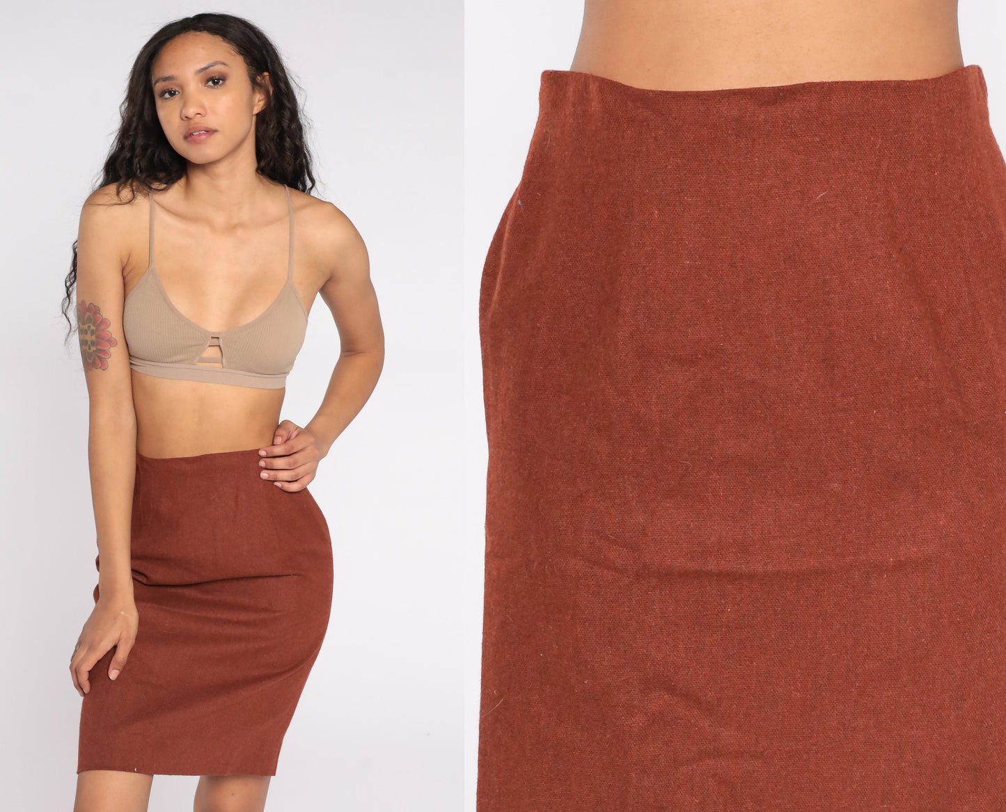 80s Brown Wool Mini Pencil Skirt High Waist Small S