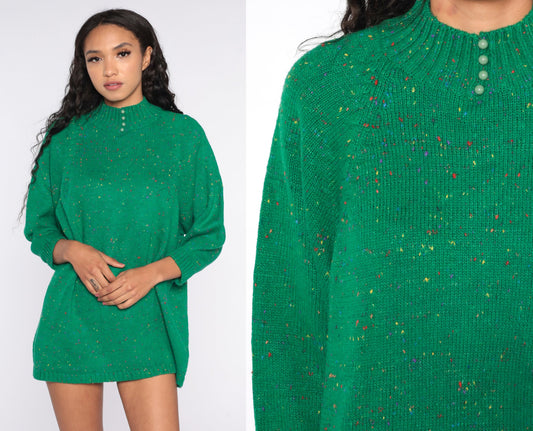 70s Green Flecked Wool Knit Sweater Mock Neck Longline Pullover One Size