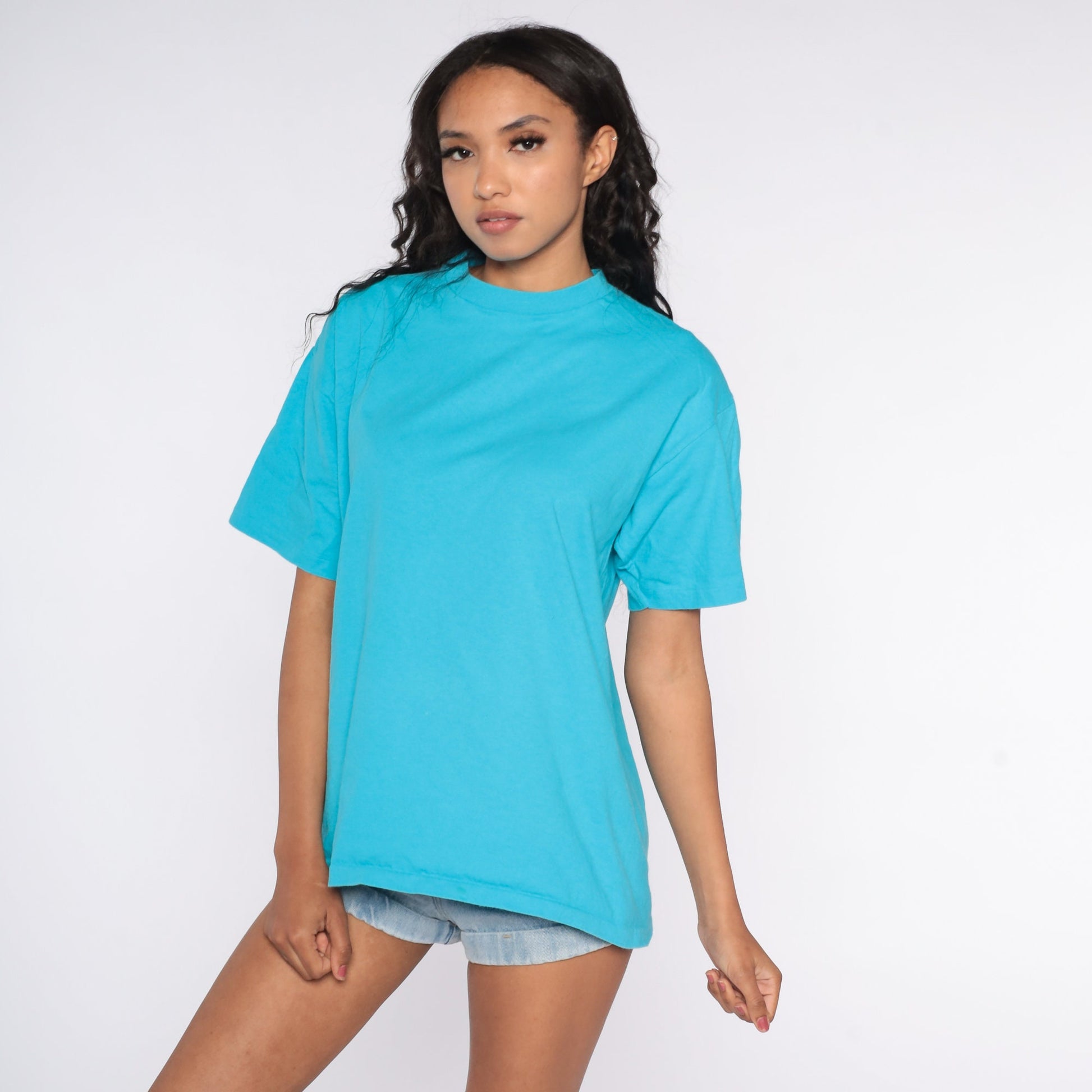 80s Blue Single Stitch Plain T-Shirt Cotton Crewneck Large L