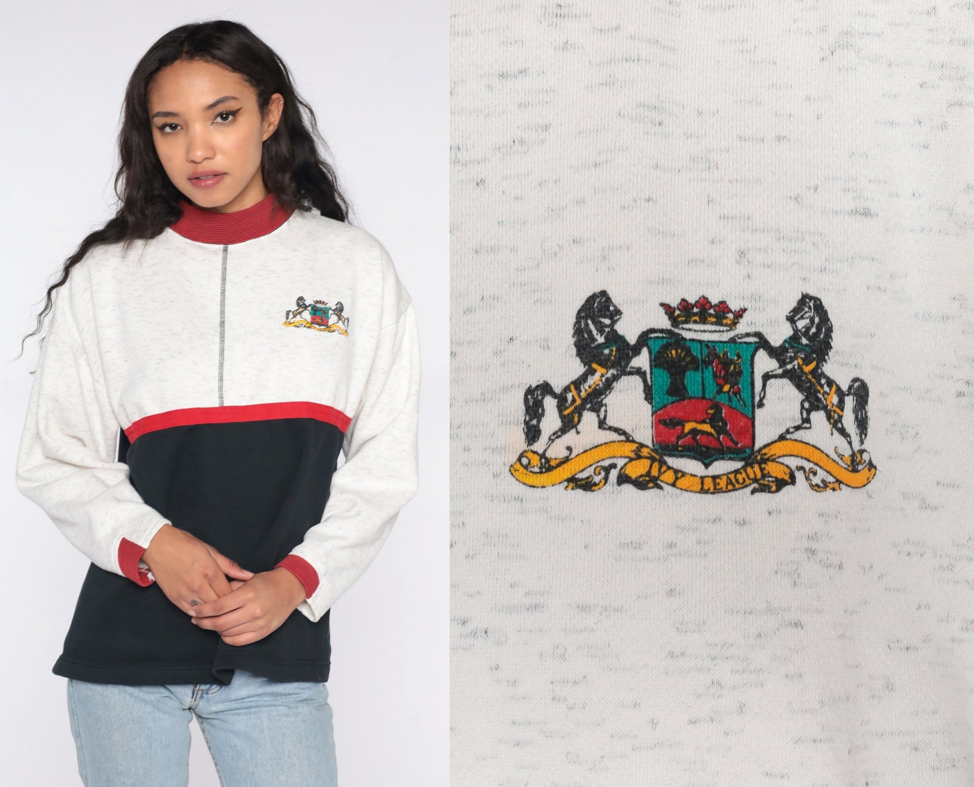 90s Horse Crest Colour Block Sweatshirt Grey Black Mock Neck Medium Large