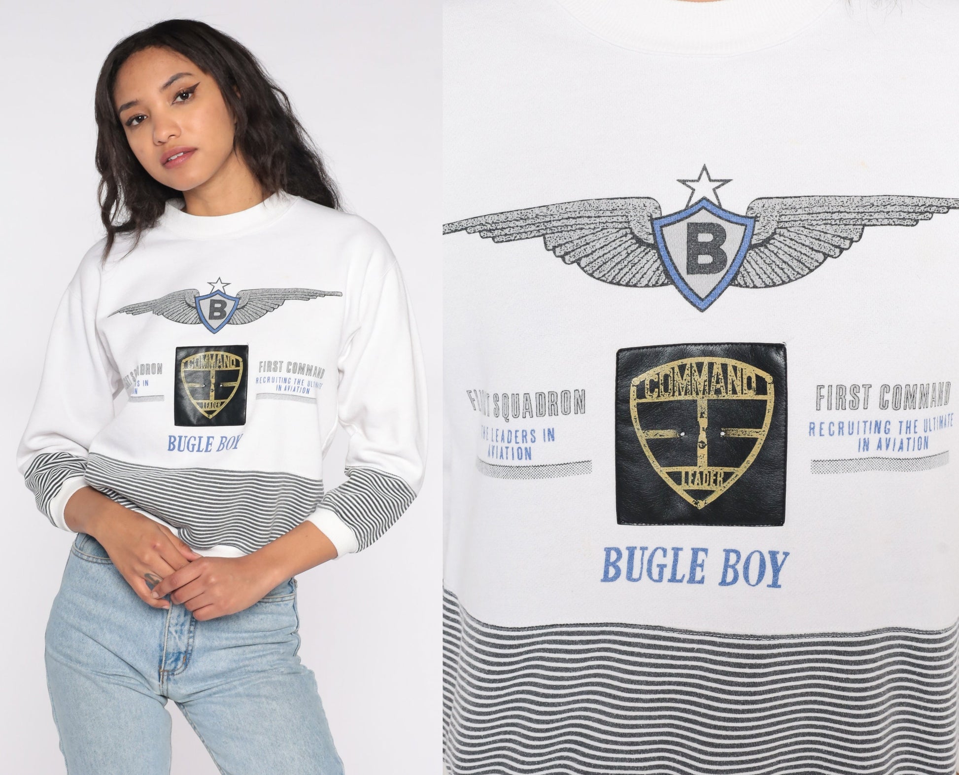 90s Bugle Boy White Striped Military Sweatshirt Extra Small XS