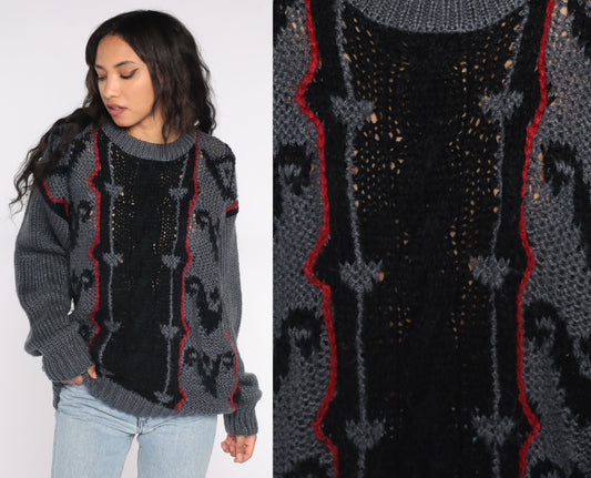 80s Geometric Abstract Sweater Grey Black Semi-Sheer Knit Pullover Extra Large