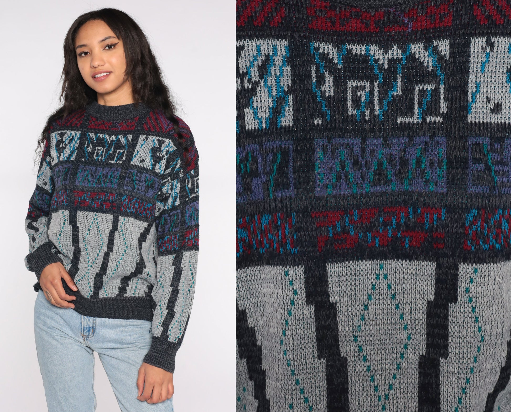 90s Geometric Sweater Charcoal Grey Red Knit Crewneck Large
