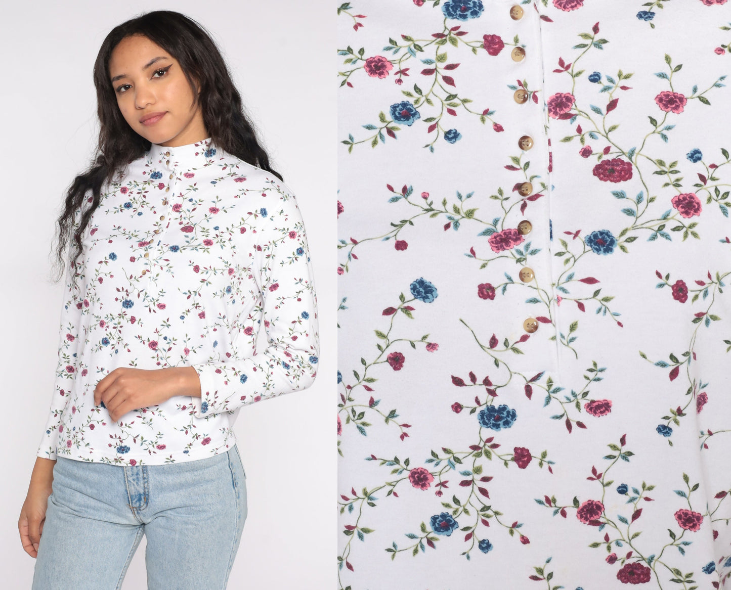 90s Floral Mock Neck Shirt White Long Sleeve Quarter Button Top Small