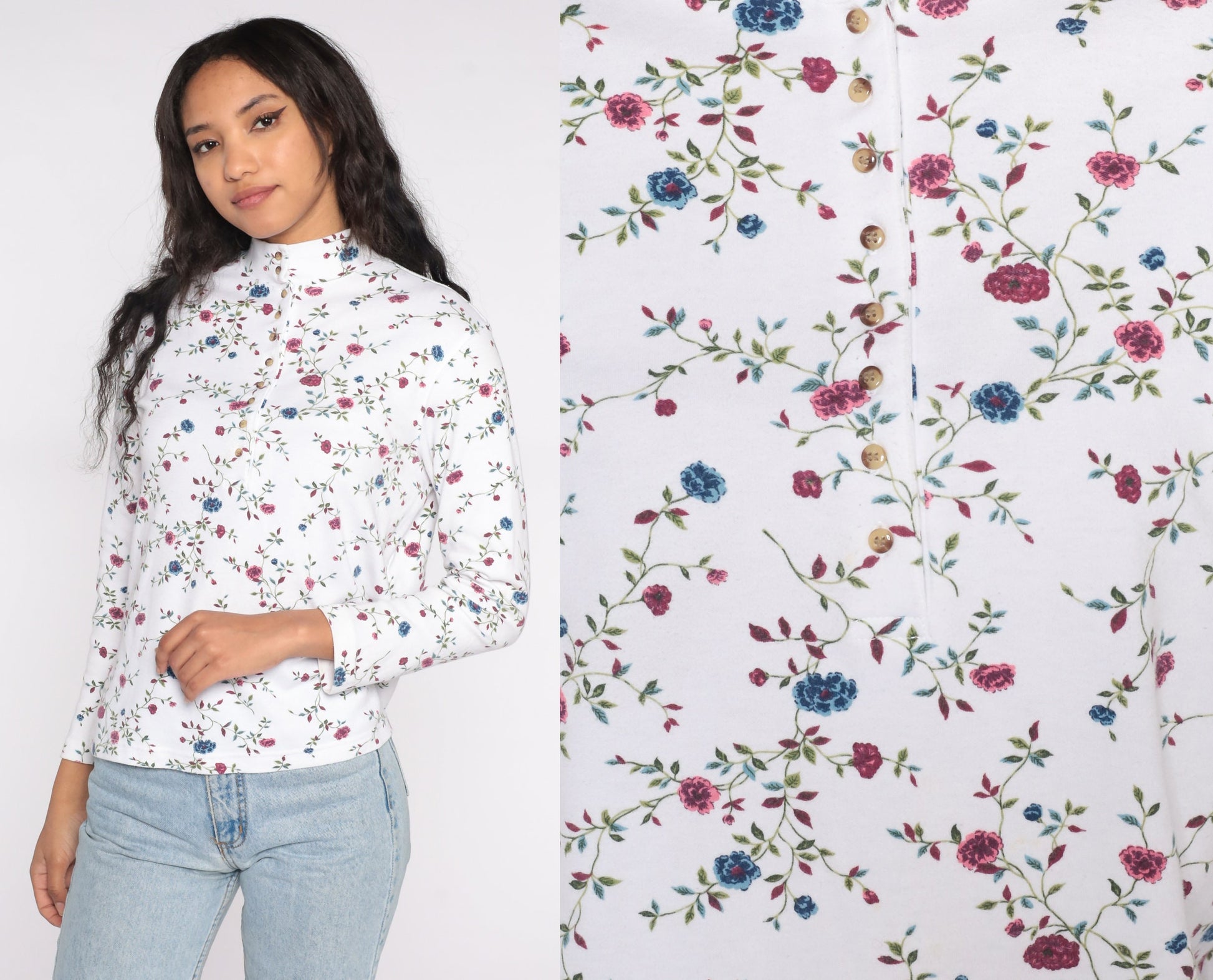 90s Floral Mock Neck Shirt White Long Sleeve Quarter Button Top Small