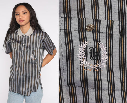 90s Striped Polo Shirt Embroidered G Crest Grey Black Gold Large