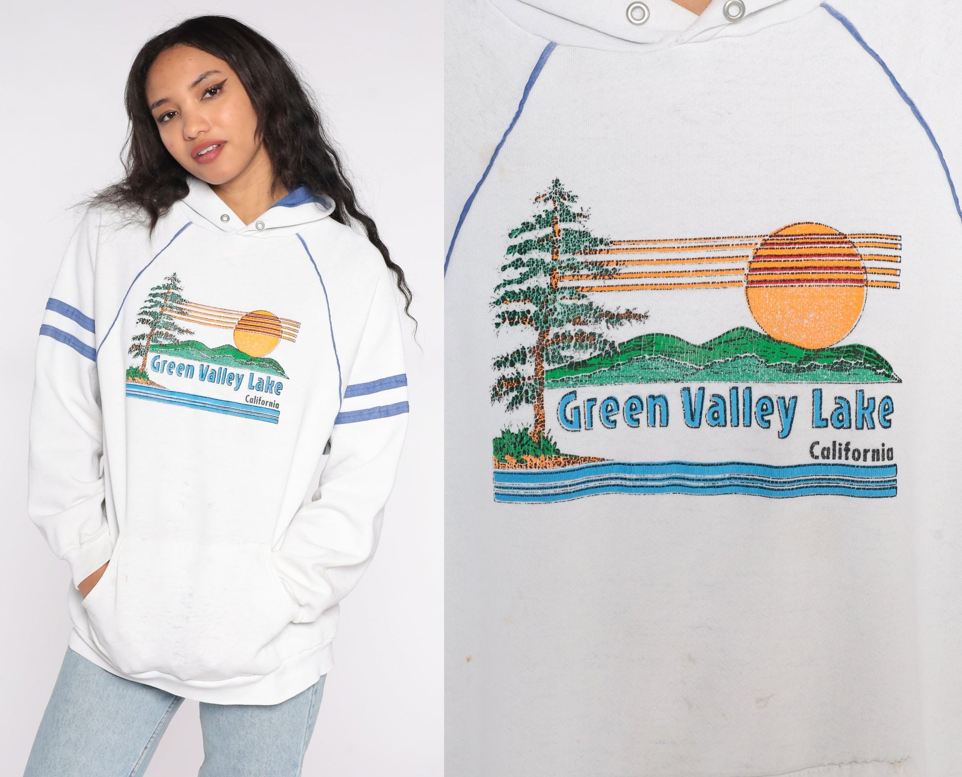 80s Green Valley Lake California Hoodie Sweatshirt Sunset Nature Print Large