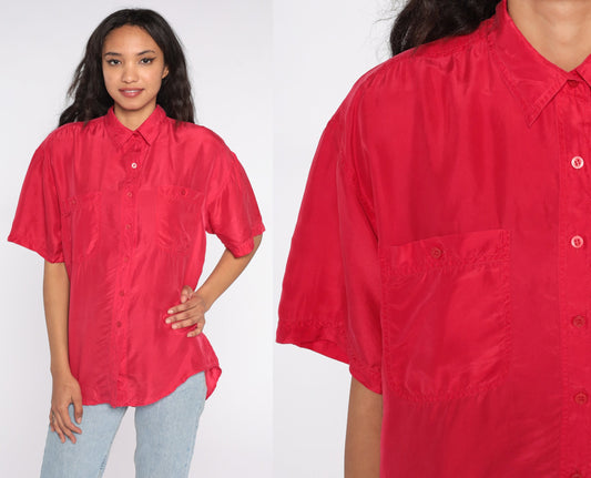 90s Red Silk Button-Up Shirt Short Sleeve Blouse Medium M