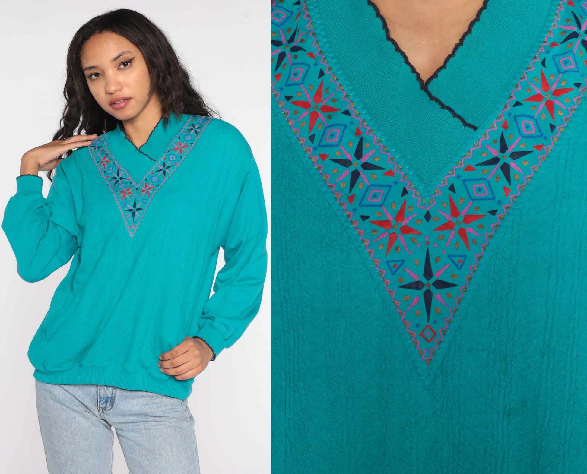 80s Teal Geometric Necklace Print Sweatshirt Scalloped Collar Medium