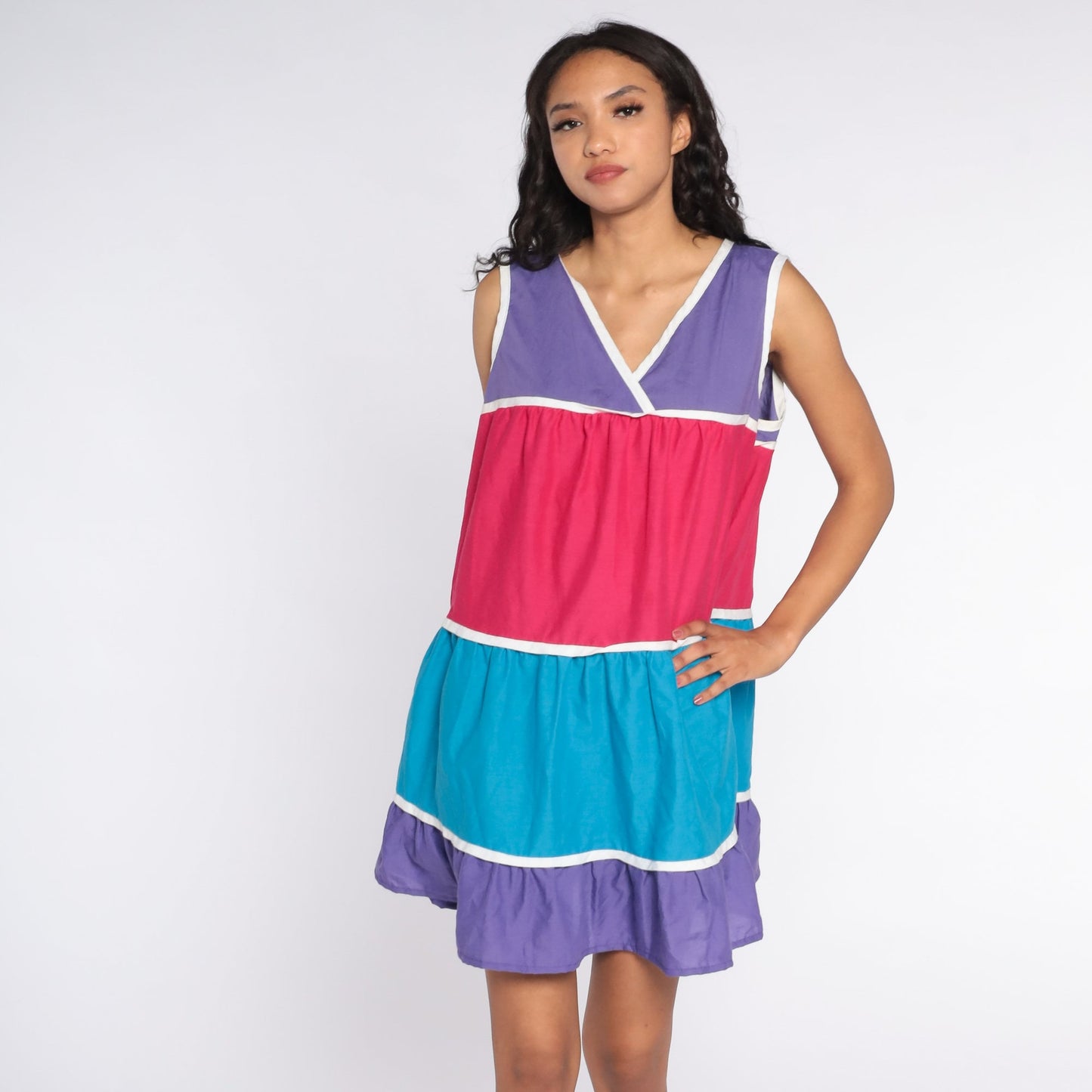 80s Color Block Mini Tank Dress Pink Purple Striped Tent Cut Large L