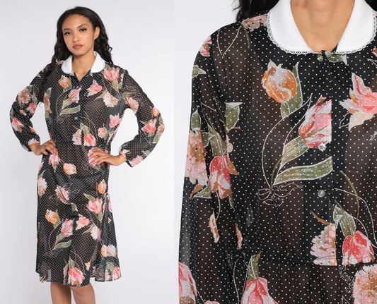 80s Black Floral Sheer Midi Dress Long Sleeve Button Up High Waist Large