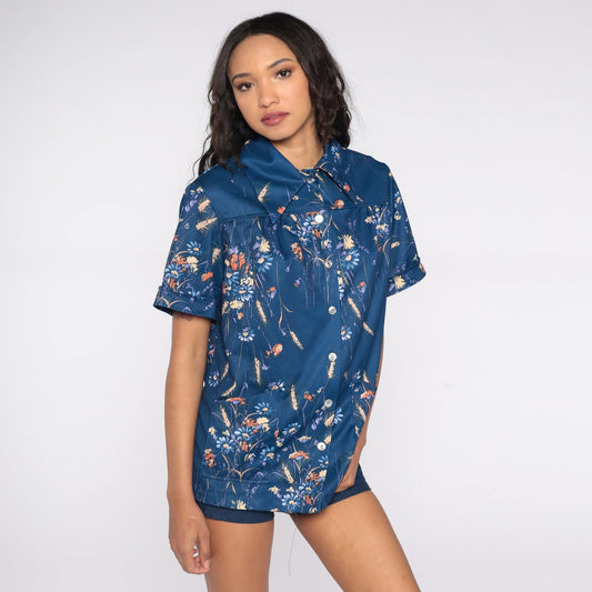 70s Navy Floral Button-Up Blouse Dagger Collar Short Sleeve Large L