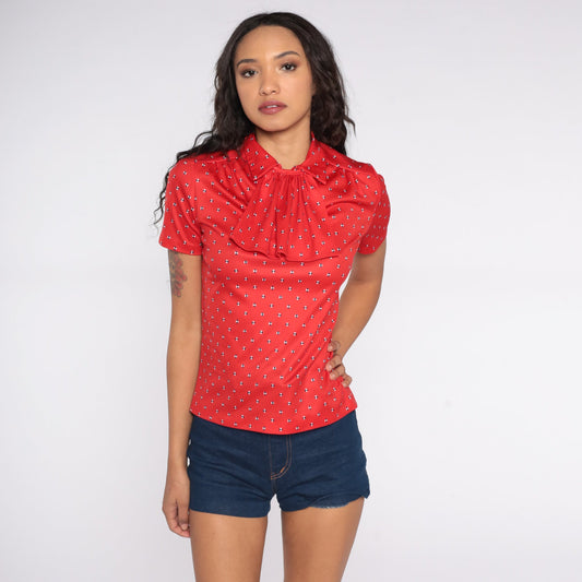 70s Red Ruffle Collar Blouse Short Sleeve Geometric Print Small