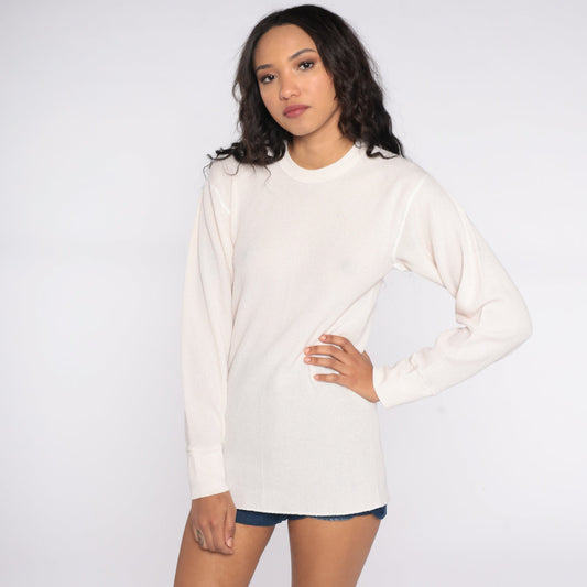 80s Off-White Waffle Knit Thermal Long Sleeve Shirt Extra Large XL