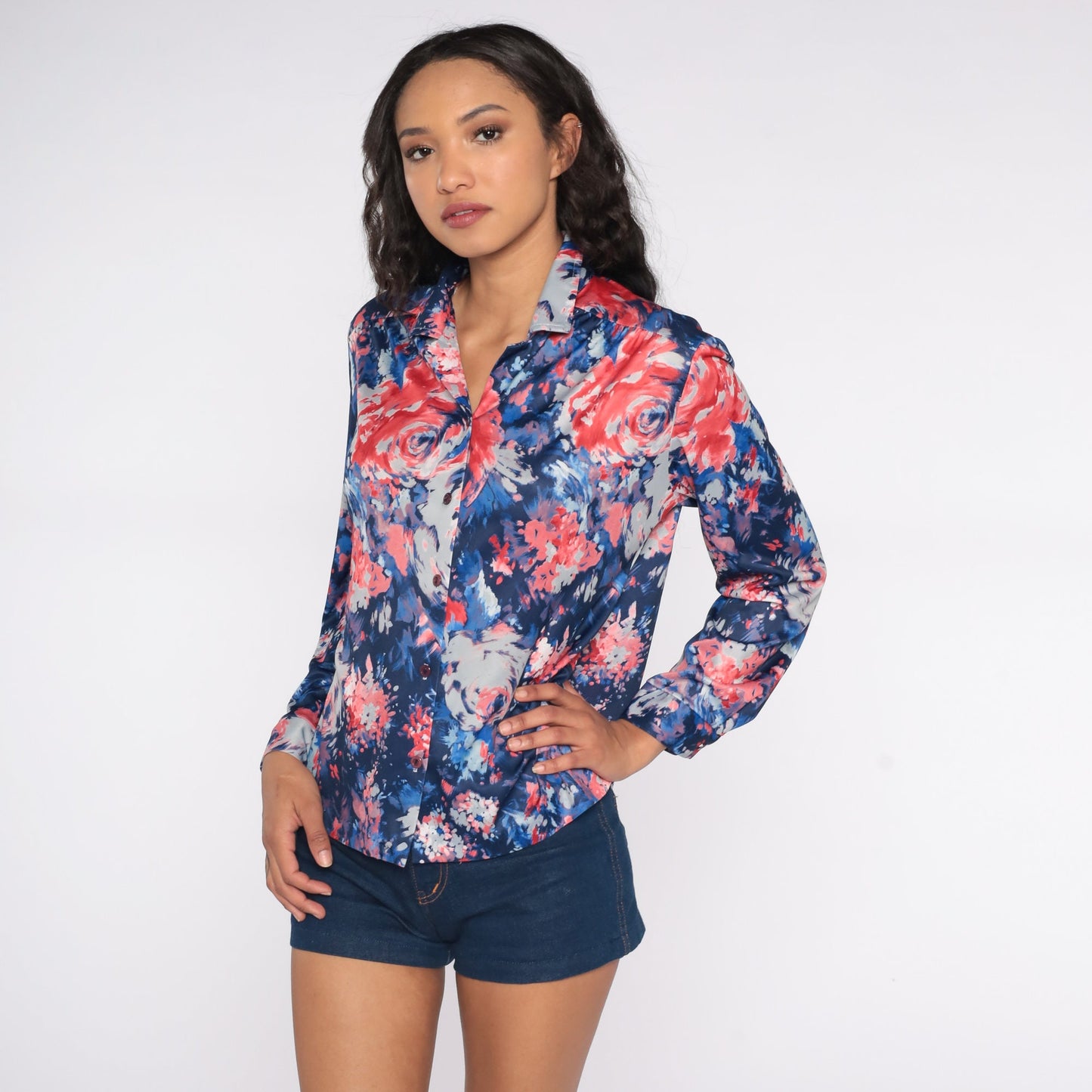 70s Watercolor Rose Print Button-Up Shirt Blue Red Long Sleeve Large
