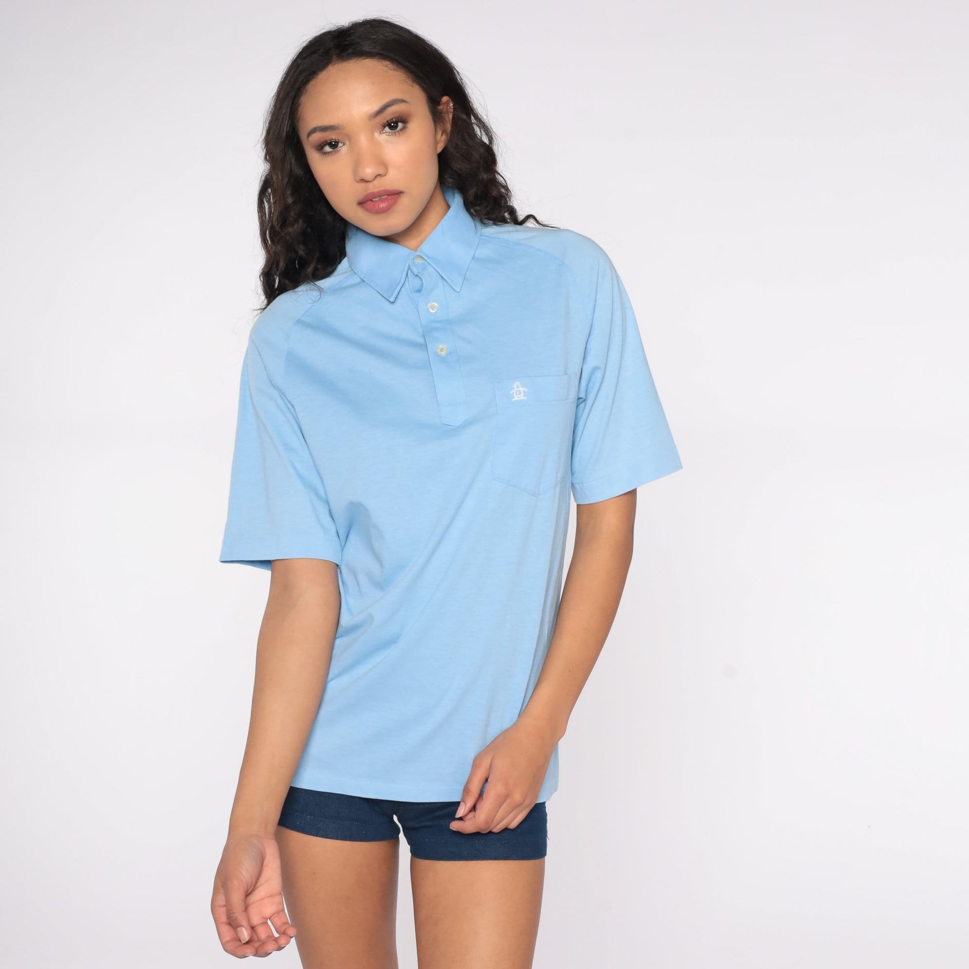 80s Munsingwear Penguin Polo Shirt Baby Blue Half-Button Pocket Medium
