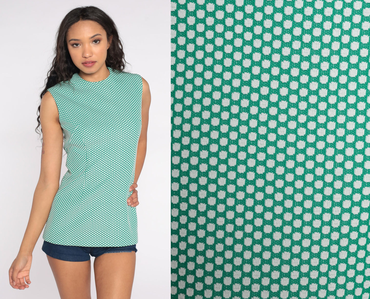 70s Green Polka Dot Sleeveless Blouse Tank Top Small