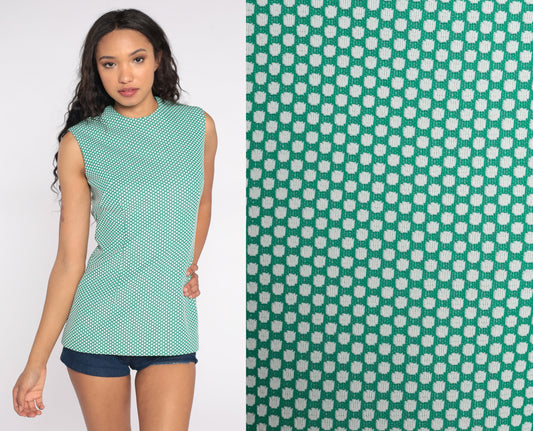 70s Green Polka Dot Sleeveless Blouse Tank Top Small