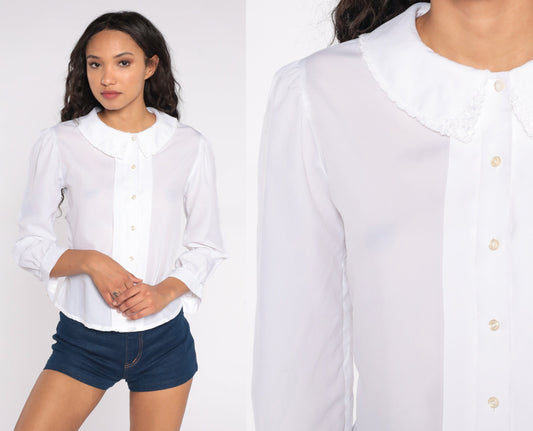 80s White Button-Up Blouse Embroidered Scalloped Collar Long Sleeve Small