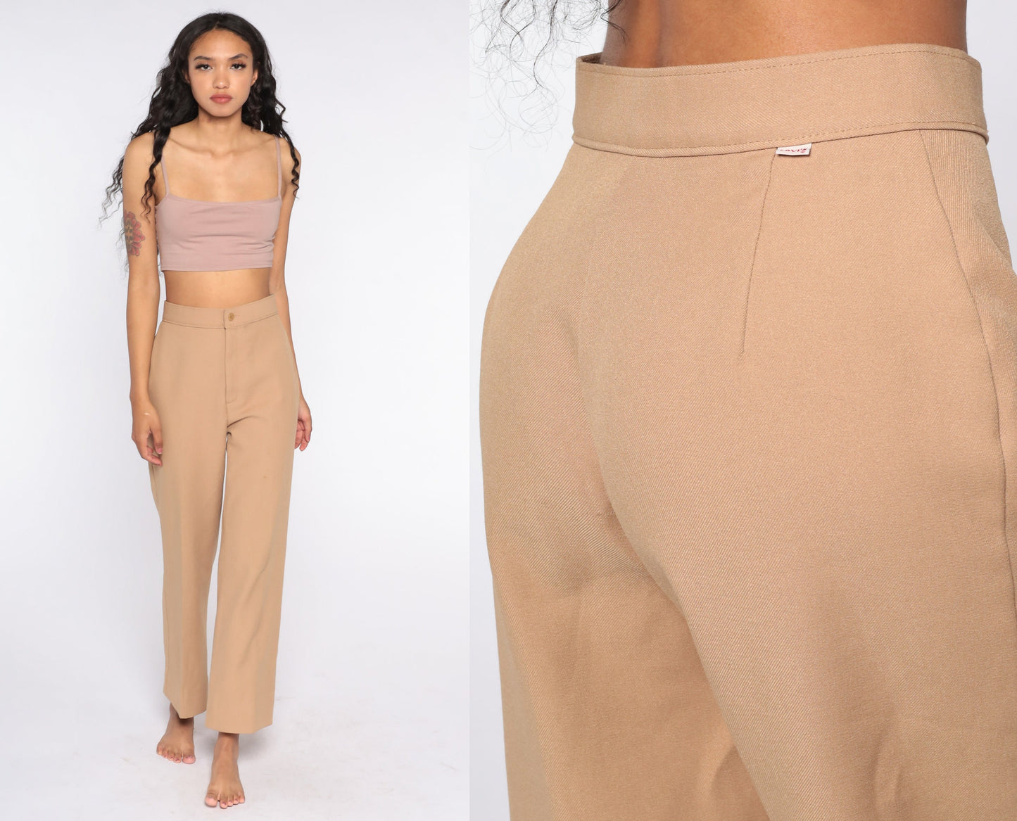70s Levis High Waist Wide Leg Trousers Tan Straight Leg Small