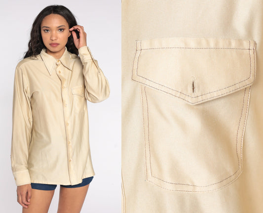 70s JC Penney Champagne Dagger Collar Button-Up Shirt Long Sleeve Medium