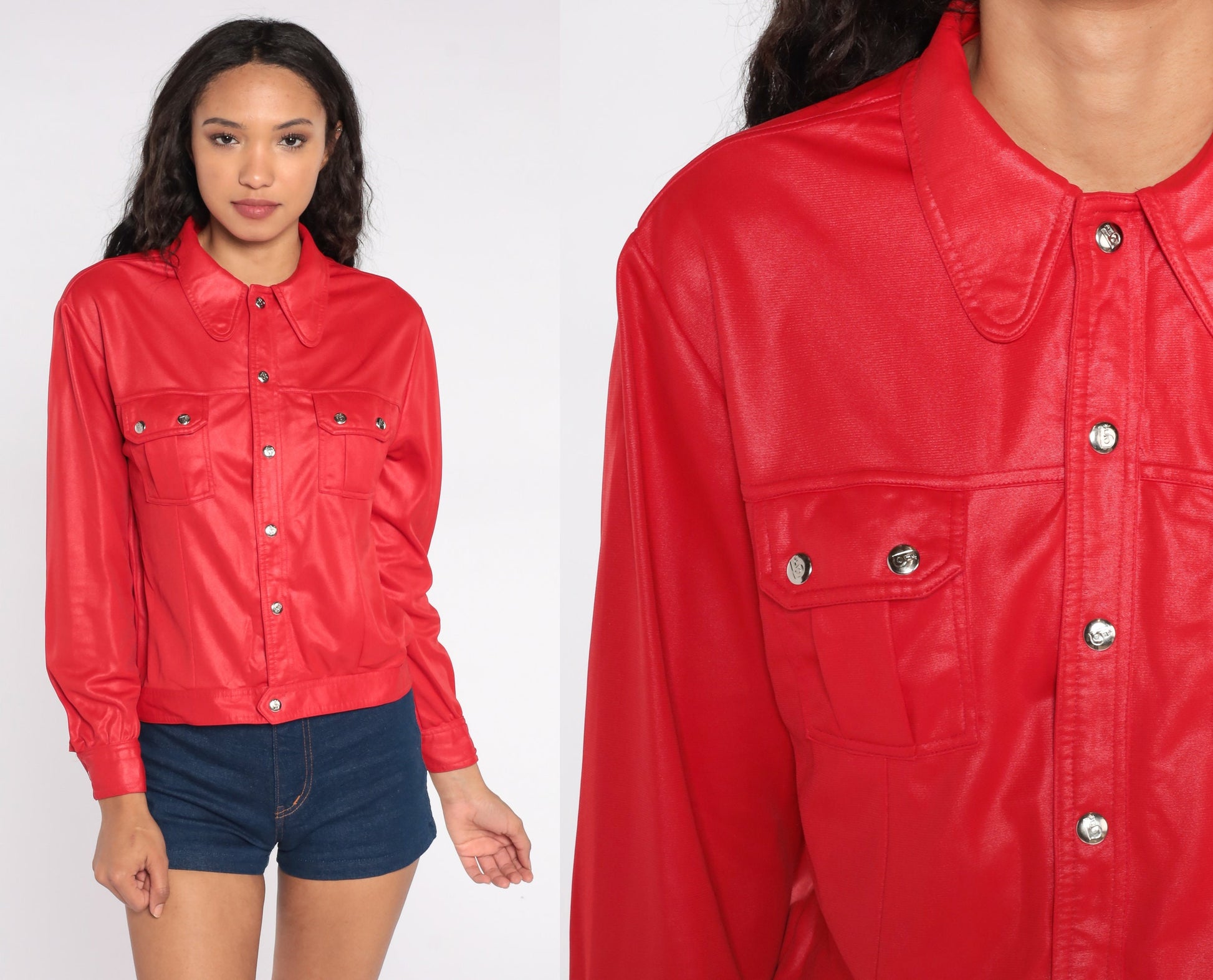 70s Red Shimmery Biker Blouse Snap-Front Long Sleeve Shirt Small