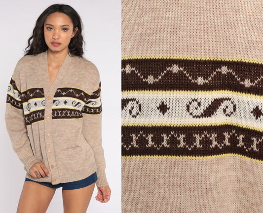 70s Brown Wool Cardigan Virgin Wool Button-Up Knit Sweater Large L