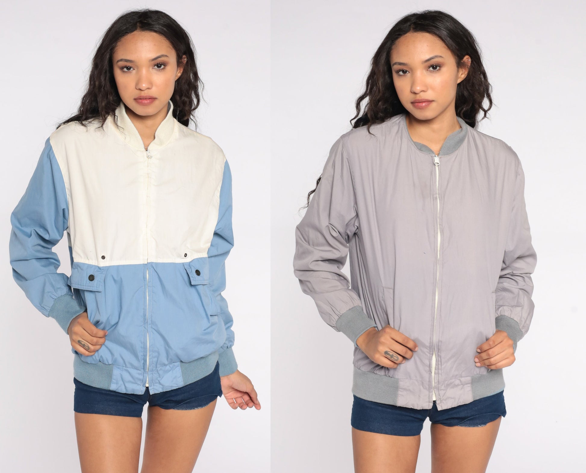 80s Baby Blue Reversible Windbreaker Jacket Color Block Grey White Small Medium