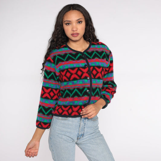 90s Southwestern Fleece Jacket Geometric Button Up Red Blue Green Small