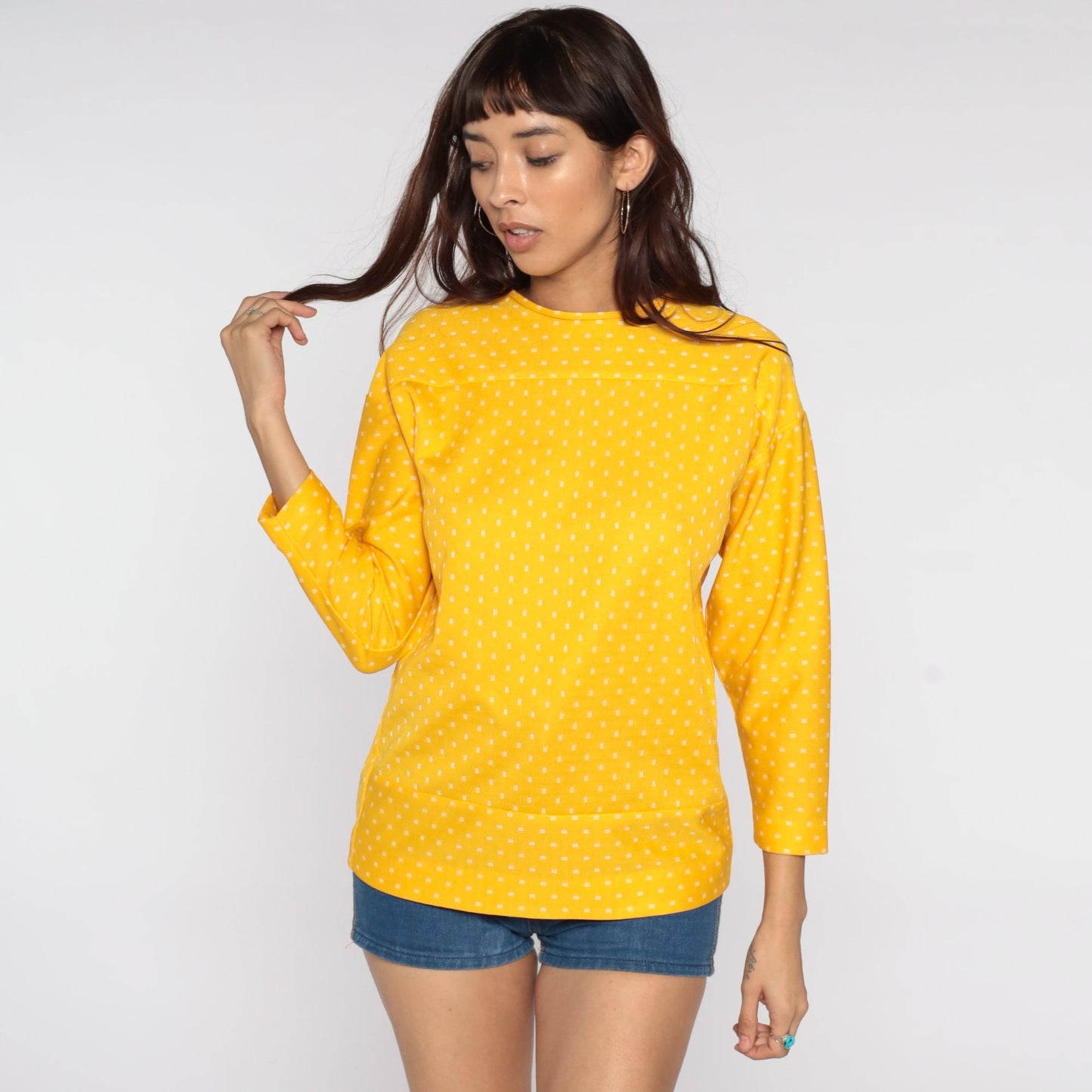 70s Yellow Polka Dot Blouse Drop Shoulder Long Sleeve Polyester Top Medium