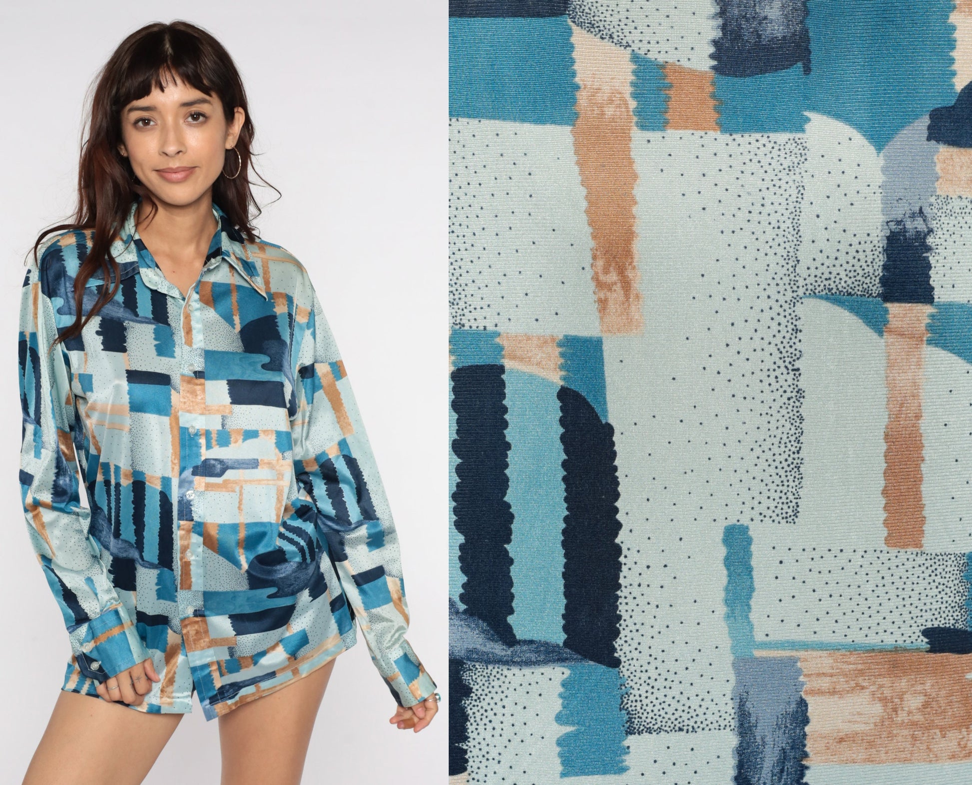 70s Opus I Psychedelic Print Button-Up Shirt Long Sleeve Blue Brushstroke Large