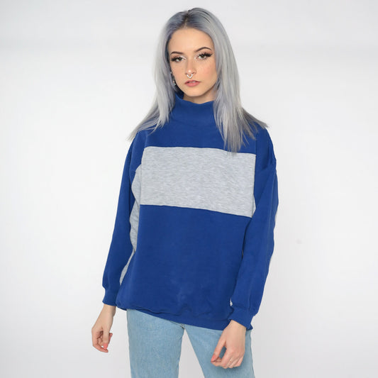 90s Navy Blue Grey Quilted Color Block Sweatshirt Funnel Neck Small