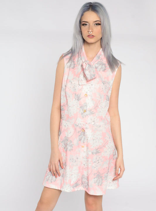 70s Floral Mini Dress Pink White Grey Button-Up High Waist Sleeveless Extra Large
